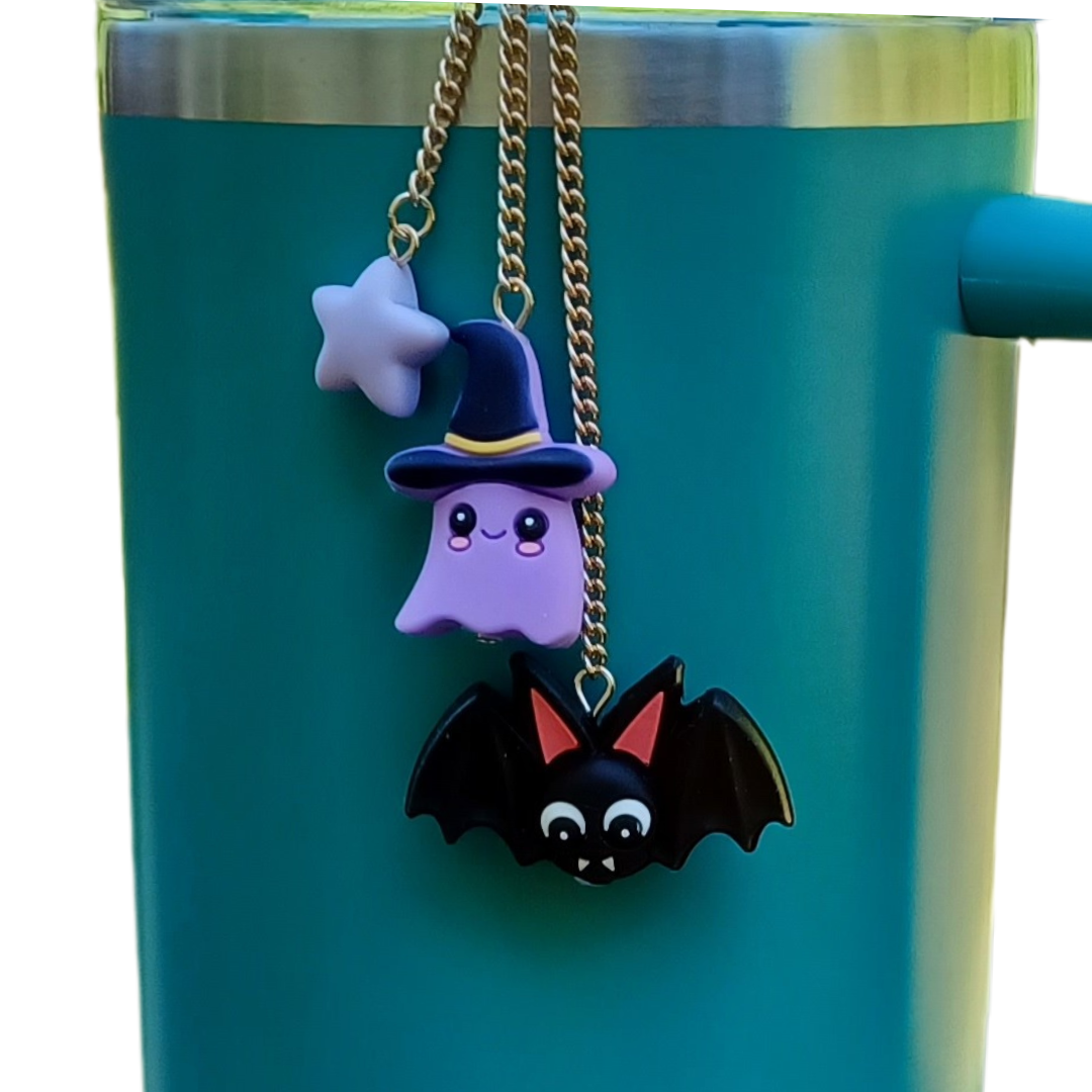 Fun Halloween themed tumbler charm. Includes three beads, a bat, a ghost and a star. Each of our tumbler charms slides easily onto most tumbler straws. Collect them all!