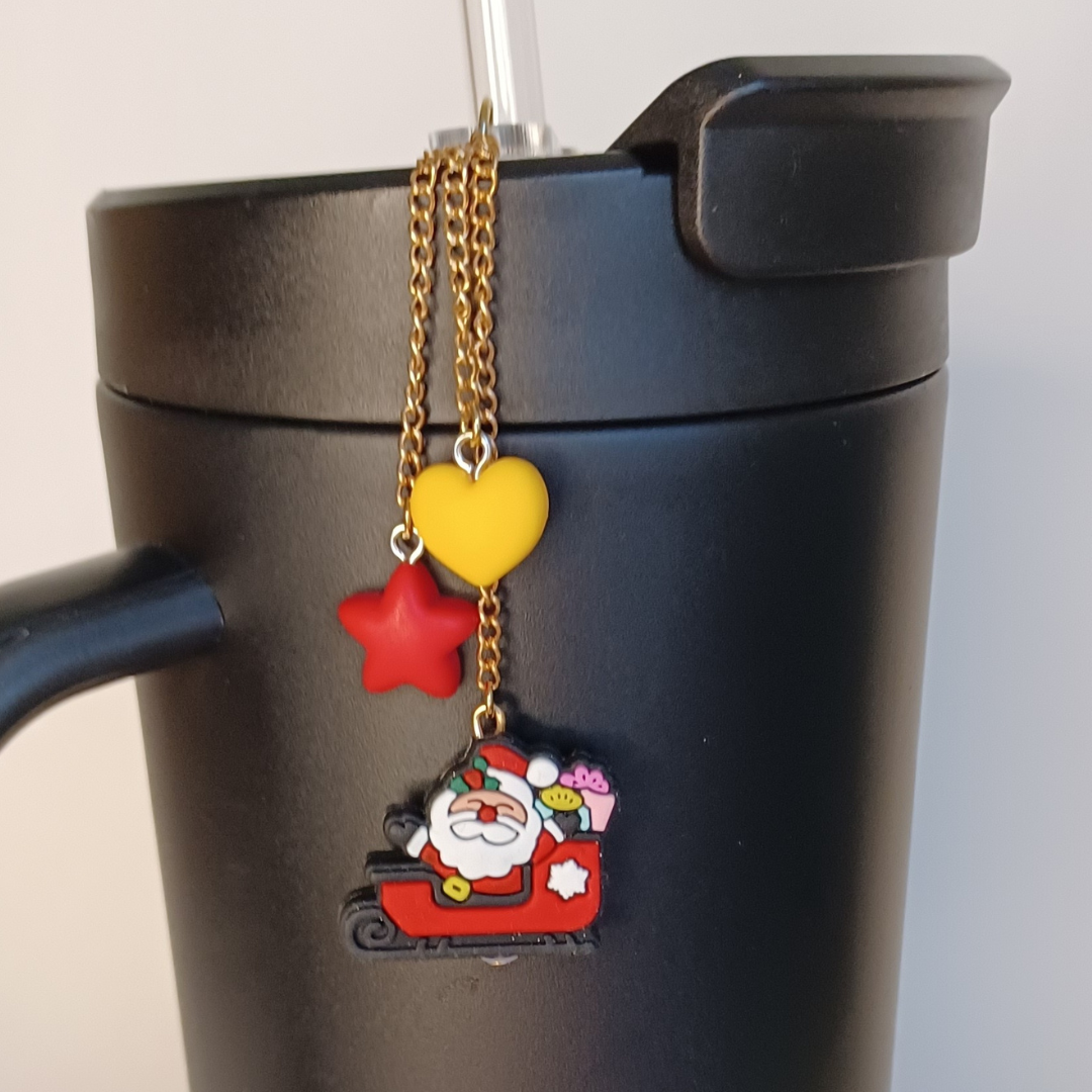 Santa tumbler charm.  Brightly colored santa bead with 2 accent beads that slide onto the straw of most tumbler